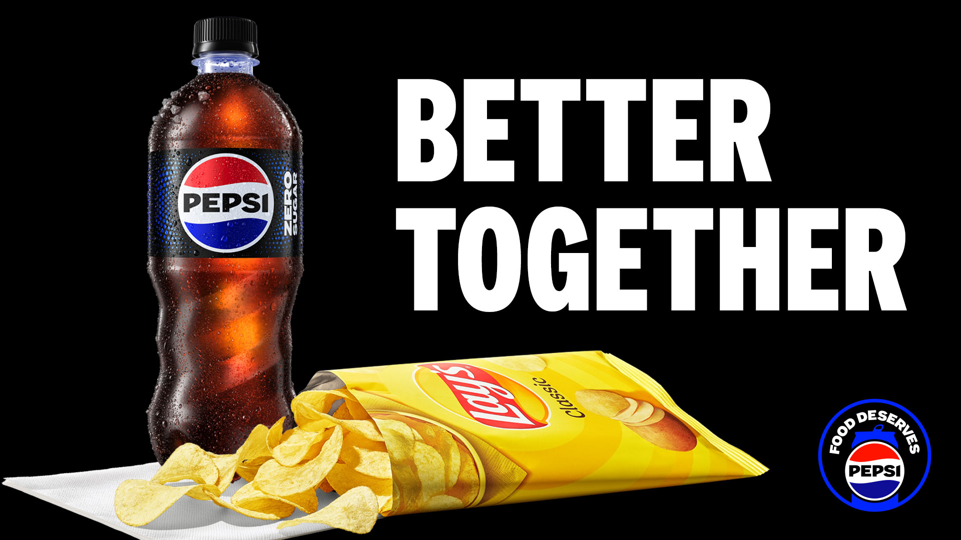 A graphic with a bottle of pepsi and a bag of lays potato chips that says Better Together.